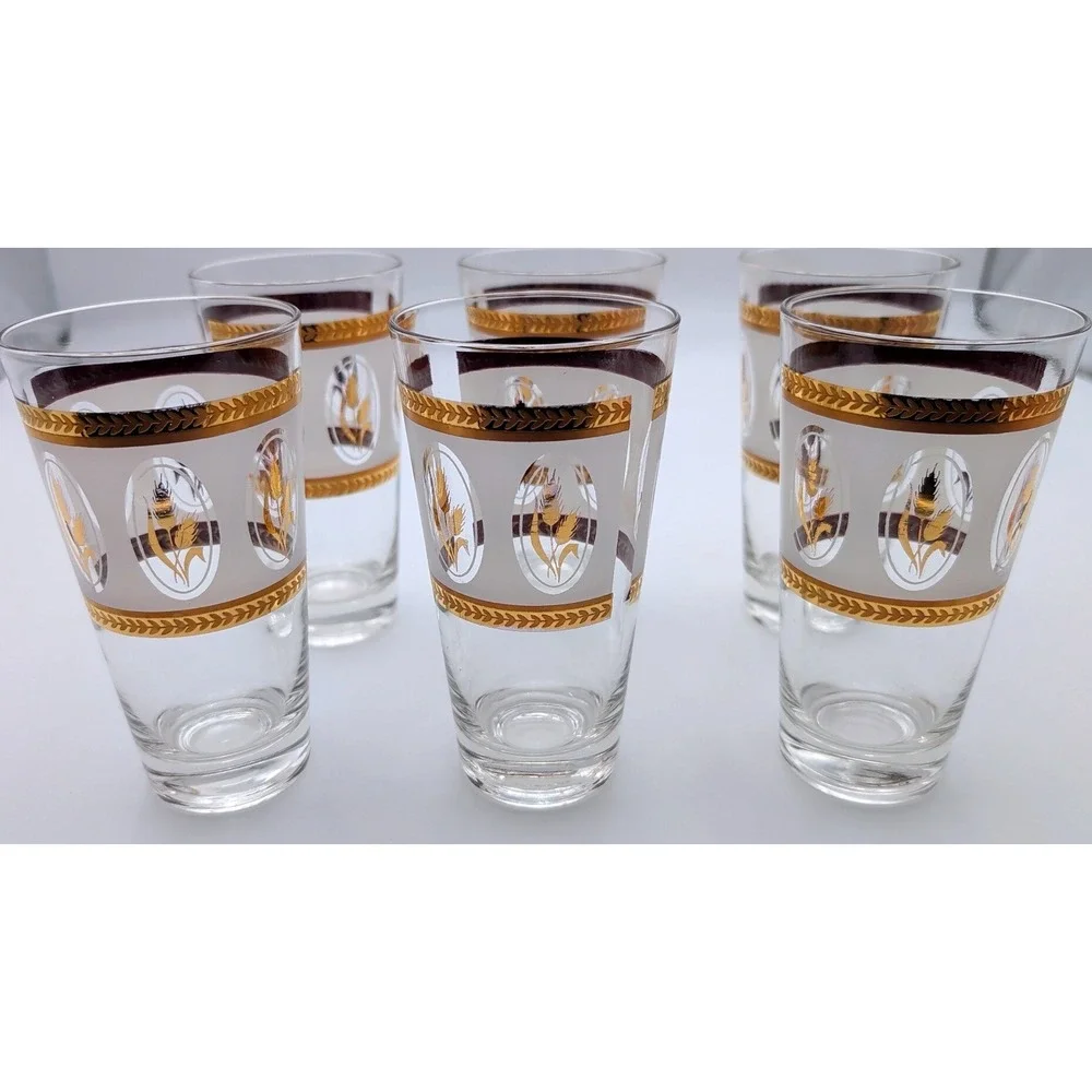 Vintage MCM Frosted Gold Wheat Highball Glasses Set of 6 Purple White Laurel
